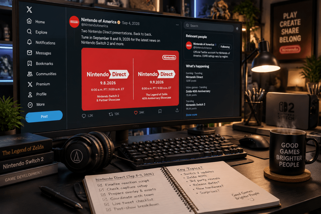 Layar monitor studio menampilkan pengumuman resmi akun Nintendo of America terkait jadwal ganda siaran Direct 2026.