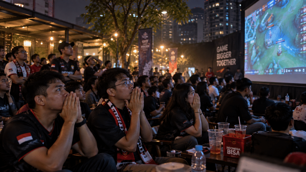 Komunitas suporter esports Indonesia menyaksikan siaran langsung pertandingan MLBB Asian Games 2026.
