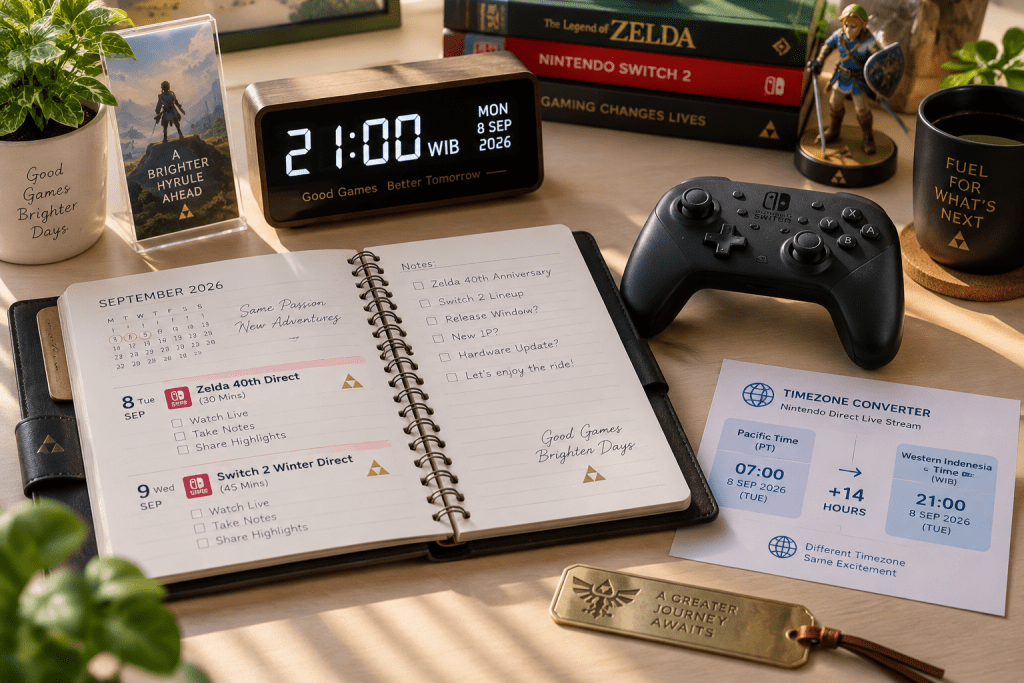 Kalender dan jam digital menunjukkan jadwal tayang Nintendo Direct pukul 21.00 WIB waktu Indonesia.