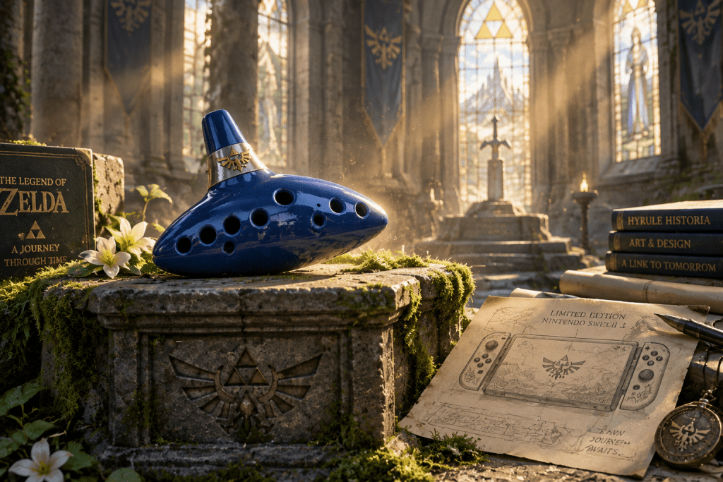 Alat musik Ocarina of Time di atas altar batu berlumut sebagai simbol antisipasi remake di Nintendo Switch 2.