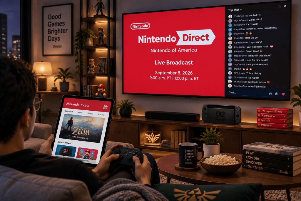 Layar TV pintar menampilkan live streaming siaran resmi Nintendo Direct di kanal YouTube Nintendo of America.