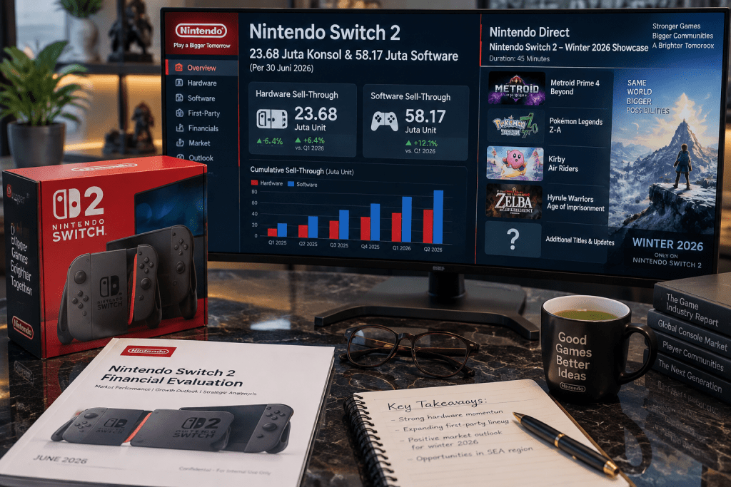 Dasbor analitik menampilkan data penjualan 23,68 juta konsol Nintendo Switch 2 jelang siaran Direct 9 September.