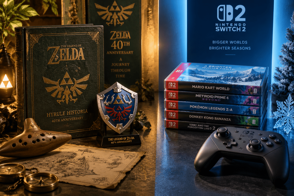 Kontras visual ornamen The Legend of Zelda dan kotak game Switch 2 melambangkan pemisahan dua siaran Direct.