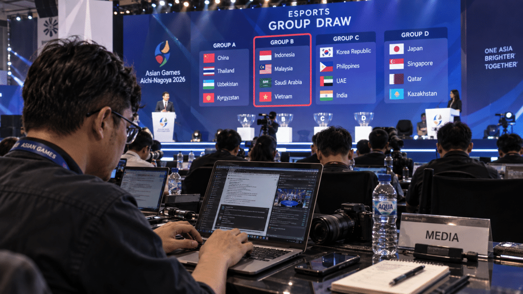 Momen layar drawing grup Main Stage MLBB Asian Games 2026 mempertemukan Indonesia, Malaysia, dan Arab Saudi.