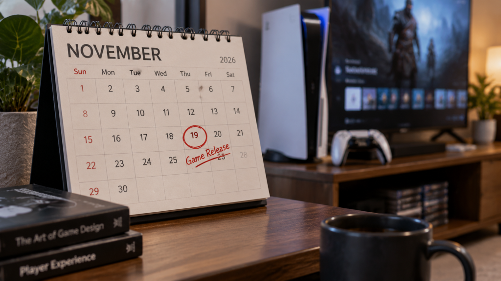 Kalender dinding fisik bulan November dengan lingkaran merah muda pada tanggal 19 sebagai penanda jadwal rilis gim yang paling dinanti.