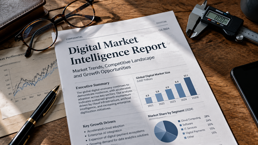 Laporan cetak intelijen pasar digital di atas meja kerja yang digunakan media sebagai sumber data estimasi penjualan prapemesanan.